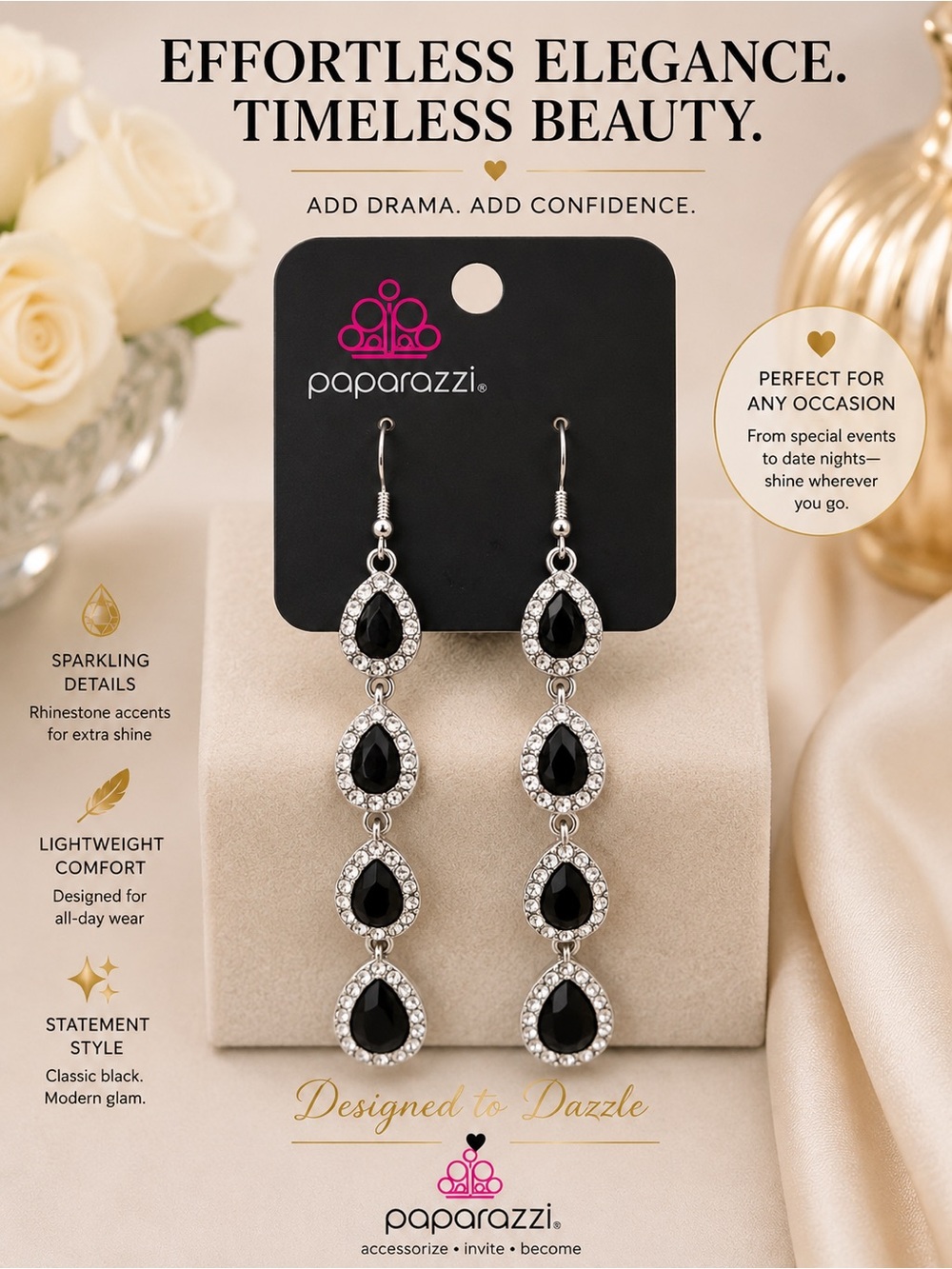 paparazzi Black and Silver Teardrop Linear Rhinestone Dangle Earrings